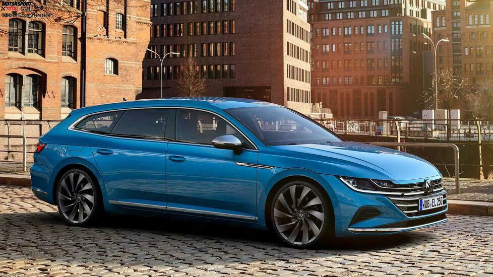 Der schönere VW Passat Variant? Zumindest teilt sich der noch recht neue Arteon Shooting Brake die Technik mit seinem konservativen Bruder.
Die Karosserie wurde ab der B-Säule neu gestaltet. So entstand ein eigenständiges Heck. Der Clou: Wenn man von oben guckt, wird der obere Teil der Karosserie nach hinten schmaler, was ausgestellte Radkästen ermöglicht.
Der Arteon Shooting Brake ist etwa zwei Zentimeter höher als die Limousine. Das führt zu mehr Kopffreiheit im Fond (plus 46 mm), aber auch vorne (plus 11 mm). Das Volumen des Kofferraums vergrößert sich hingegen nicht sehr: 565 bis 1.632 Liter gegenüber 563 bis 1.557 Liter beim normalen Arteon.
Antriebe: Ein Plug-in-Hybrid mit 218 PS Systemleistung, Benziner zwischen 190 und 320 PS sowie Diesel mit 150 und 190 PS. Preise? Ab 45.535 Euro.