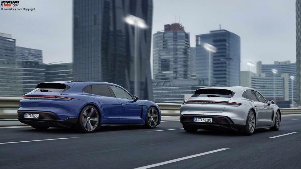 Porsche Taycan Sport Turismo als Turbo S (blau) und als Hecktriebler (silbern)