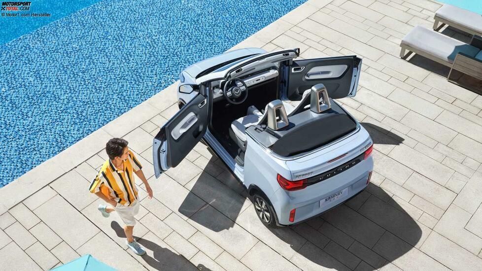 Wuling Hong Guang Mini EV Cabrio Außentüren der Luftaufnahme offen