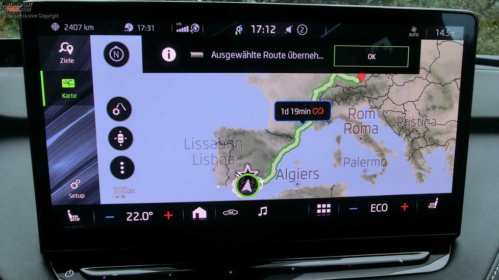 Skoda Enyaq RS: Navigationsroute von Malaga nach München