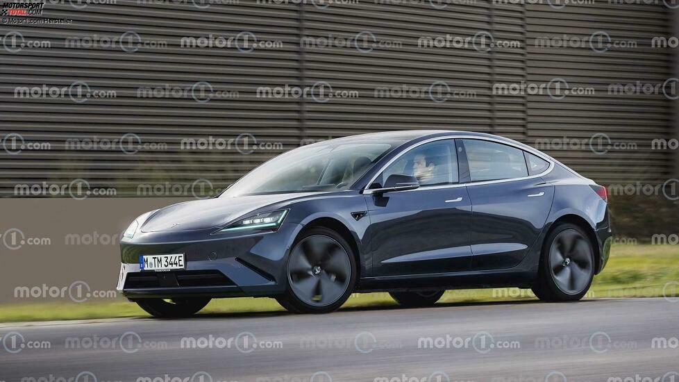 Tesla Model 3 (2023) mit Facelift als Rendering von Motor1.com