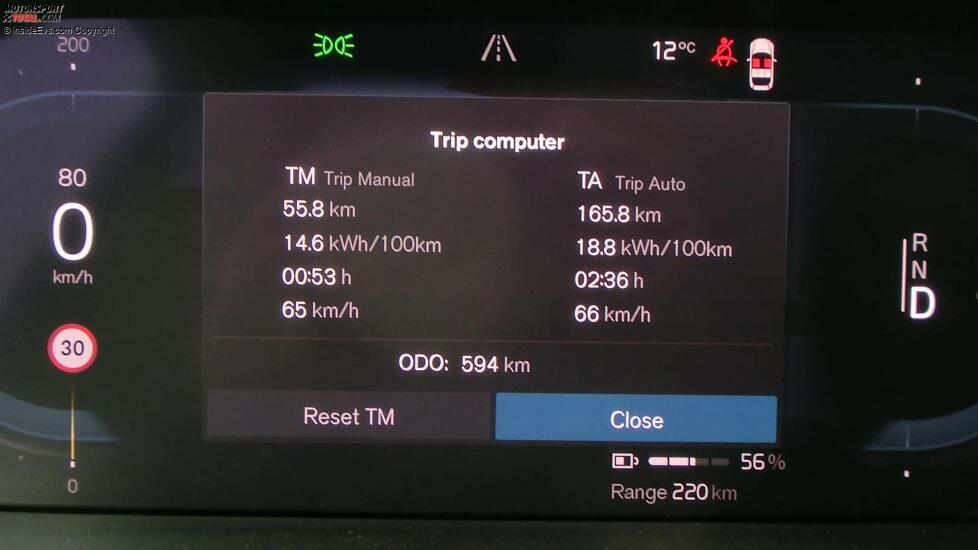 Volvo XC40 Pure Electric: Mit der Version Single Motor Extended Range brauchten wir auf unserer 56 km langen Strecke rund 15 kWh/100 km (und offenbar deutlich weniger als die Kollegen/Kolleginnen zuvor, wie rechts zu sehen)