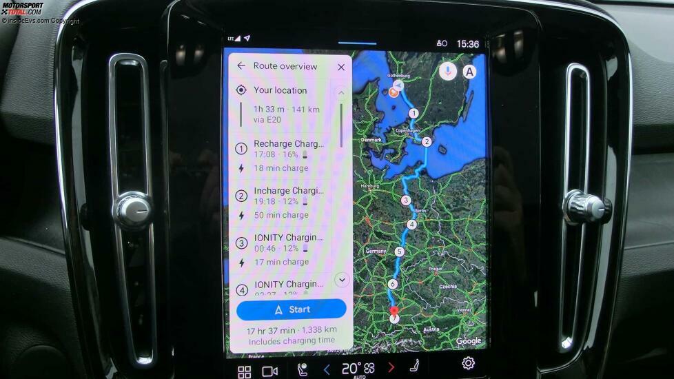 Volvo XC40 Pure Electric: Das Navi erstellt eine komplette Ladeplanung für längere Strecken (hier: Göteborg-München)