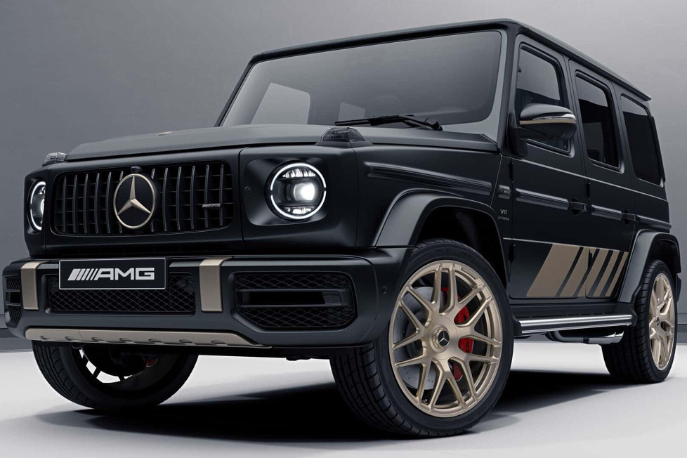 Der Mercedes-AMG G 63 Grand Edition ist ein limitiertes Modell mit schwarzer Sonderlackierung und kräftigen Goldakzenten