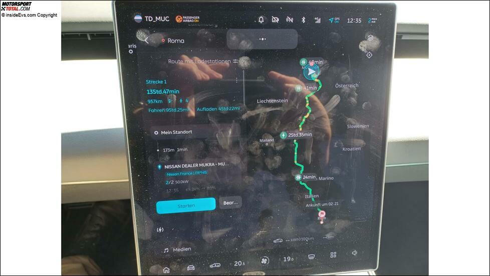 Nio ET5 Touring: Das Navi erstellt eine Ladeplanung, hier für die Strecke München-Rom. Die schlechte Fotoqualität ist auf die Kürze der Zeit zurückzuführen