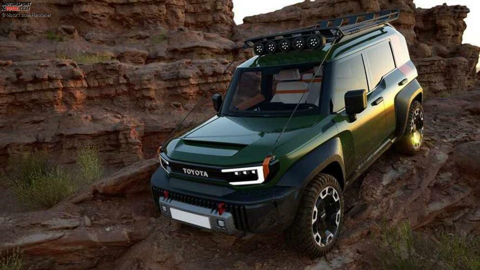 Dreiviertel-Frontansicht des Toyota Compact Cruiser EV CGI auf den Berg