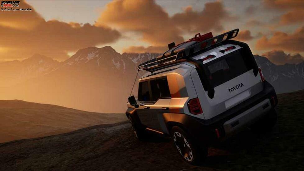 Dreiviertel-Rückansicht des Toyota Compact Cruiser EV CGI auf den Berg