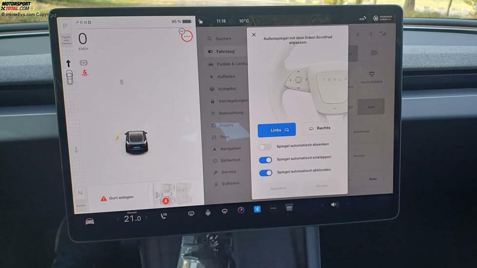 Tesla Model 3 Highland: Die Außenspiegel müssen umständlich per Touchscreen eingerichtet werden