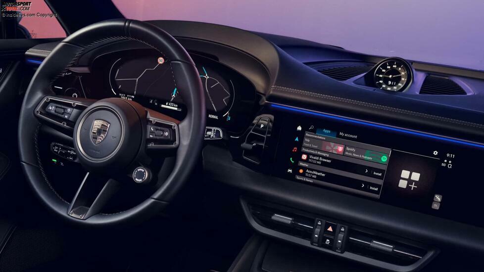 Porsche Macan (2024): Lenkrad mit Fahrmodus-Schalter, Instrumentendisplay und Touchscreen