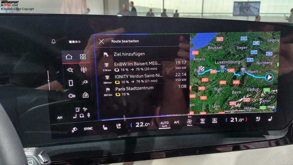 Ladeplanung im Audi Q6 e-tron für die Strecke München-Paris