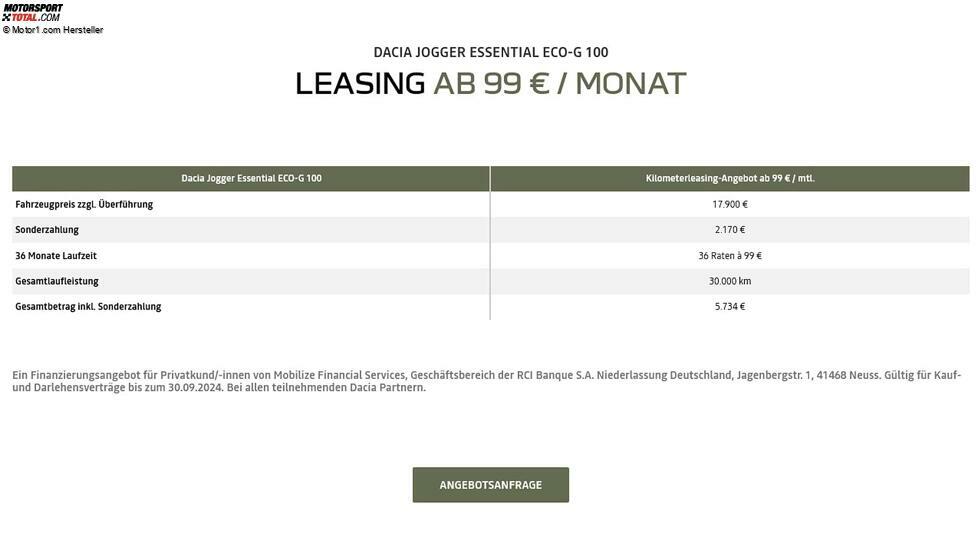 Dacia Jogger Essential ECO-G 100: Leasing für 99 Euro