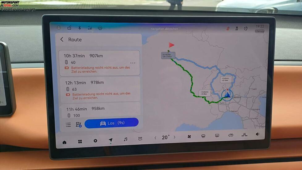 Leapmotor C10 (2024): Das System errechnet auch lange Routen schnell (hier von Mailand nach Paris)