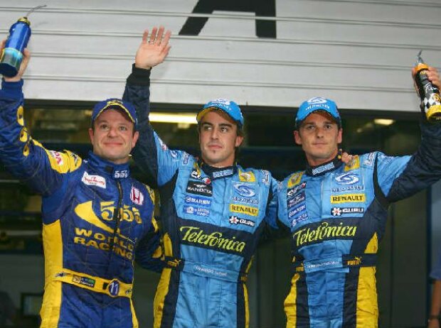 Titel-Bild zur News: Rubens Barrichello, Fernando Alonso und Giancarlo Fisichella