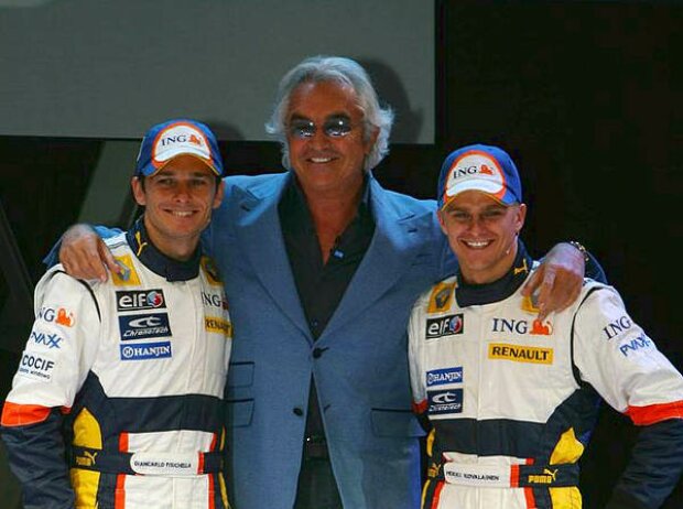 Titel-Bild zur News: Giancarlo Fisichella, Flavio Briatore und Heikki Kovalainen