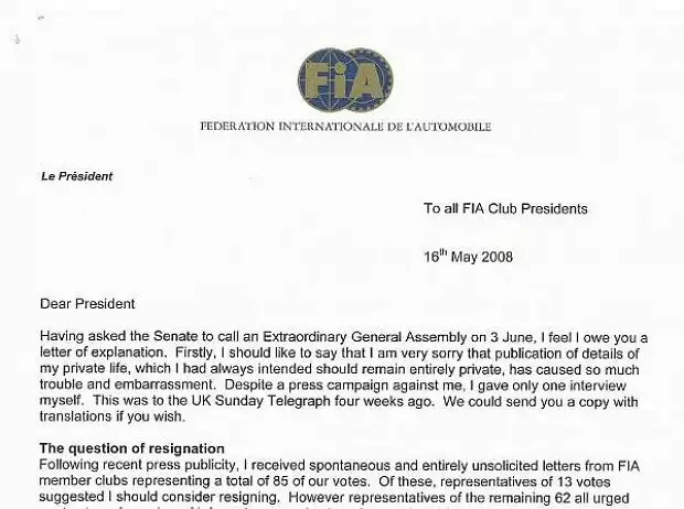 Schreiben von Max Mosley Titel-Bild zur News: Schreiben von Max Mosley