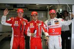Die besten Drei im Qualifying: Kimi Räikkönen, Felipe Massa (Ferrari) und Lewis Hamilton (McLaren-Mercedes) 
