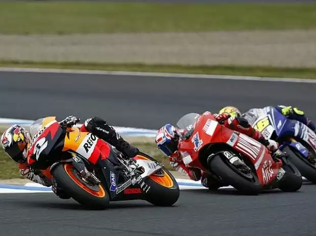 Dani Pedrosa, Casey Stoner und Valentino Rossi Titel-Bild zur News: Dani Pedrosa, Casey Stoner und Valentino Rossi