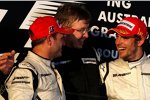 Rubens Barrichello, Ross Brawn (Teamchef) und Jenson Button (Brawn) 