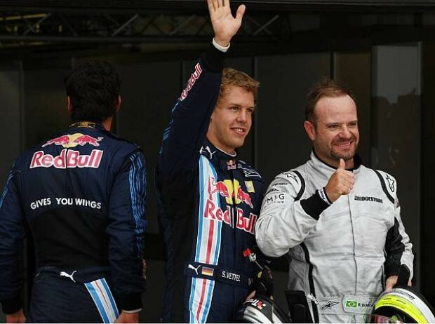 Titel-Bild zur News: Mark Webber, Sebastian Vettel und Rubens Barrichello