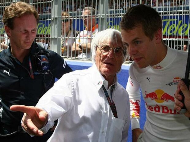 Titel-Bild zur News: Sebastian Vettel, Bernie Ecclestone (Formel-1-Chef), Christian Horner (Teamchef)