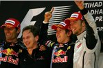 Mark Webber, Christian Horner (Teamchef), Sebastian Vettel (Red Bull) und Jenson Button (Brawn) 