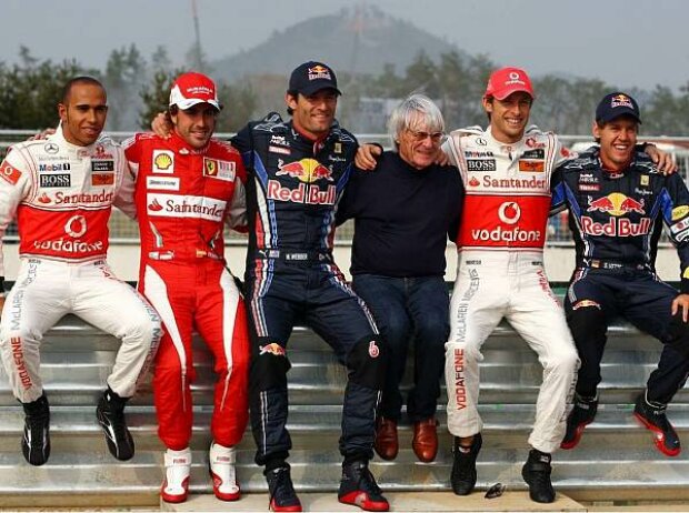 Titel-Bild zur News: Lewis Hamilton, Fernando Alonso, Mark Webber, Bernie Ecclestone, Jenson Button und Sebastian Vettel