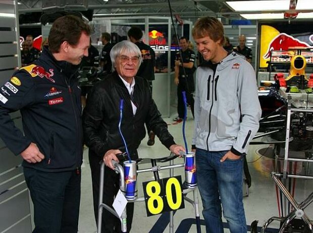 Titel-Bild zur News: Sebastian Vettel, Bernie Ecclestone (Formel-1-Chef), Christian Horner (Teamchef)