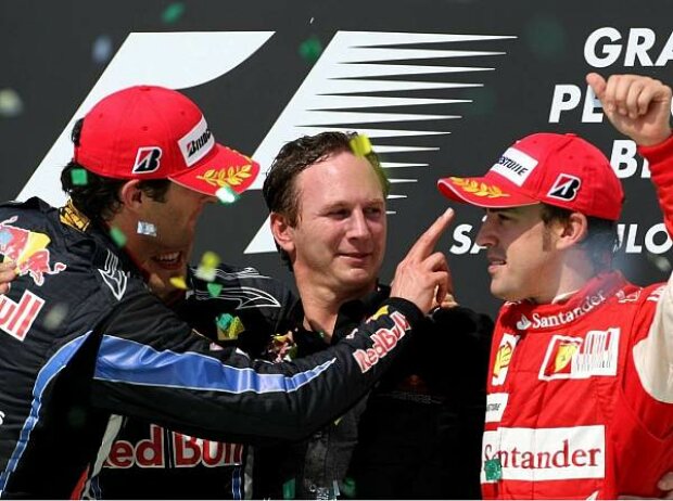 Titel-Bild zur News: Christian Horner (Teamchef), Sebastian Vettel, Mark Webber, Fernando Alonso