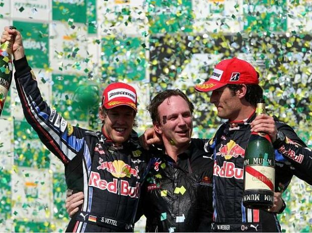 Sebastian Vettel, Christian Horner und Mark Webber Sebastian Vettel, Christian Horner und Mark Webber