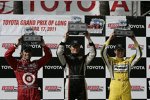 Dario Franchitti (Ganassi), Mike Conway (Andretti) und Ryan Briscoe (Penske) auf dem Podium