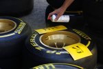 Die Reifen von Nick Heidfeld (Renault) werden markiert
