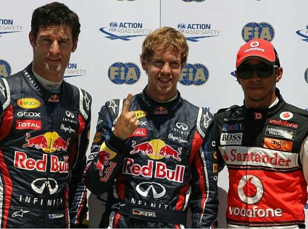 Titel-Bild zur News: Mark Webber, Sebastian Vettel und Lewis Hamilton