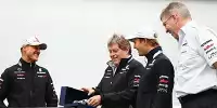 Nico Rosberg, Michael Schumacher, Ross Brawn (Teamchef), Norbert Haug (Mercedes-Motorsportchef)