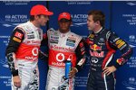 Jenson Button (McLaren), Lewis Hamilton (McLaren) und Sebastian Vettel (Red Bull) 