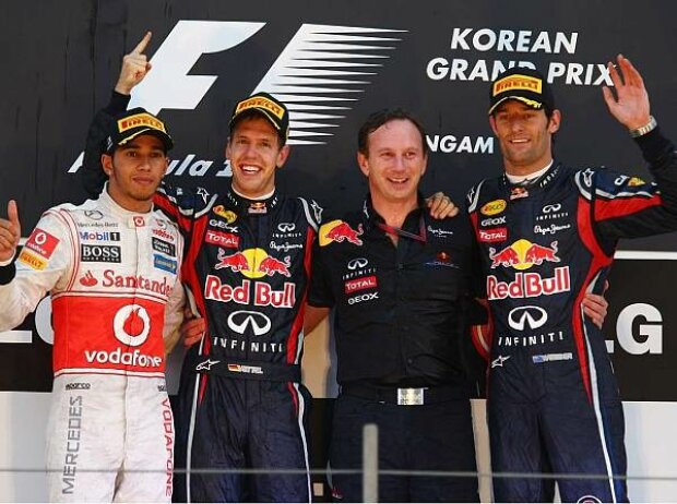 Titel-Bild zur News: Lewis Hamilton, Sebastian Vettel, Christian Horner und Mark Webber