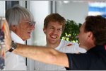 Bernie Ecclestone, Sebastian Vettel und Christian Horner (Red Bull)