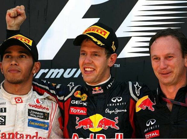 Titel-Bild zur News: Lewis Hamilton, Sebastian Vettel, Christian Horner (Teamchef)