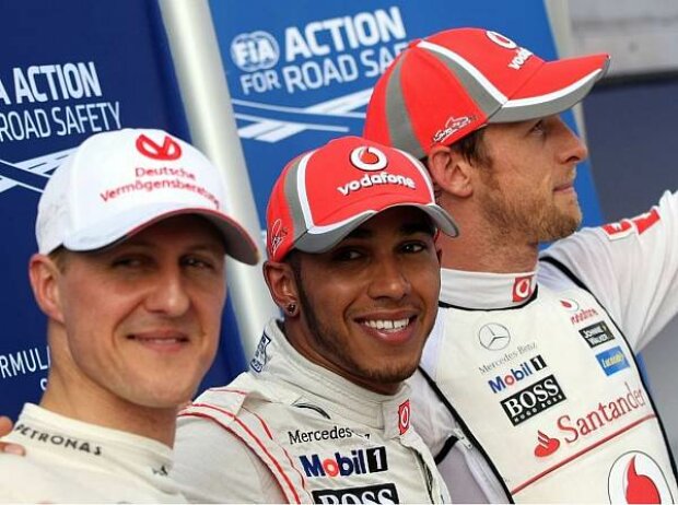 Titel-Bild zur News: Michael Schumacher, Lewis Hamilton und Jenson Button
