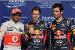 Die drei Schnellsten im Qualifying: Lewis Hamilton (McLaren), Sebastian Vettel auf Pole (Red Bull) und Teamkollege Mark Webber