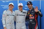 Nico Rosberg (Mercedes), Michael Schumacher (Mercedes) und Mark Webber (Red Bull)  