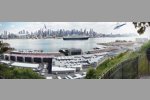 Blick von den sogenannten Palisaden in Weehawken auf den Paddock, die Rennstrecke und die dahinter gelegene Skyline von Manhattan.