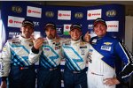 Alain Menu (Chevrolet), Yvan Muller (Chevrolet) und Robert Huff (Chevrolet) mit Michel Nykjaer (Bamboo) 