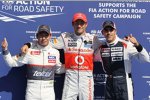 Nach dem Qualifying: Kamui Kobayashi (Sauber), Jenson Button (McLaren) und Pastor Maldonado (Williams) 
