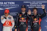 Nach dem Qualifying: Lewis Hamilton (McLaren), Mark Webber (Red Bull) und Sebastian Vettel (Red Bull)  