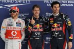 Nach dem Qualifying: Lewis Hamilton (McLaren), Sebastian Vettel (Red Bull) und Mark Webber (Red Bull) 
