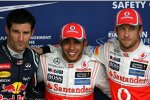 Mark Webber (Red Bull), Lewis Hamilton (McLaren) und Jenson Button (McLaren) 