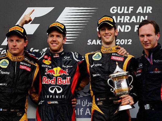Titel-Bild zur News: Kimi Räikkönen, Sebastian Vettel, Romain Grosjean, Christian Horner
