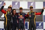 Das Podest im Rennen in Bahrain: Sebastian Vettel (Red Bull), Kimi Räikkönen (Lotus) und Romain Grosjean (Lotus) 