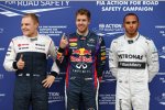 Die zufriedenen Drei nach dem Qualifyign: Valtteri Bottas (Williams), Sebastian Vettel (Red Bull) und Lewis Hamilton (Mercedes) 