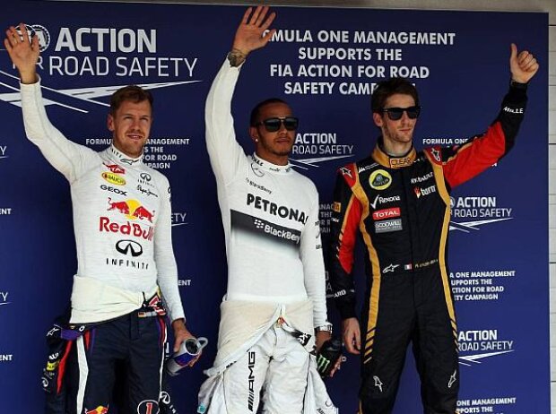 Titel-Bild zur News: Sebastian Vettel, Lewis Hamilton, Romain Grosjean